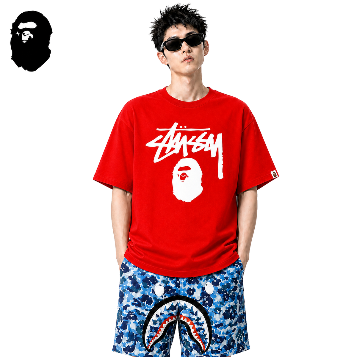 BAPE x Stussy Big Logo Men's T-Shirt - Red