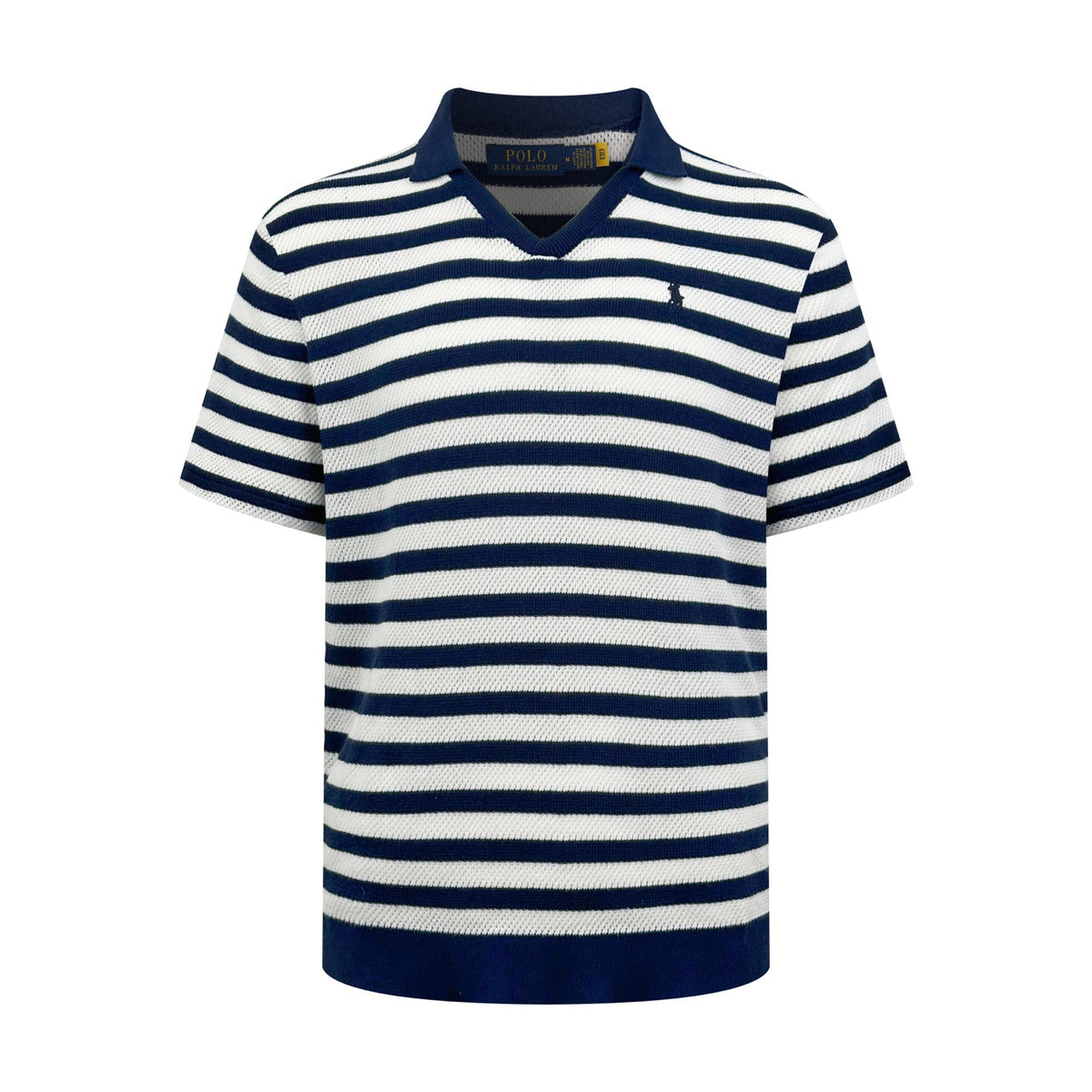 Polo Ralph Lauren Men's Striped V‑Neck Knit Short‑Sleeve Polo Shirt, Navy Pony Embroidery