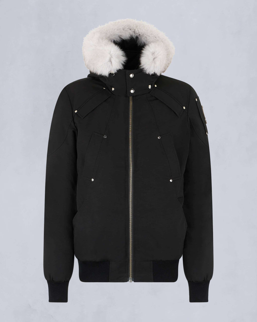 Moose Knuckles Black Bomber Jacket White Fox Fur Hood Silver Hardware