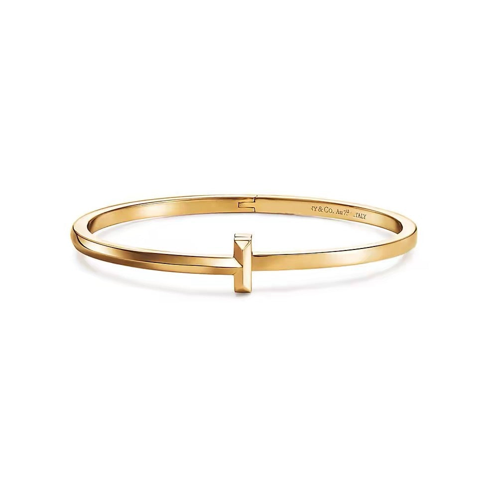 Tiffany Style T Motif Cubic Zirconia 18K Gold-Plated Bangle