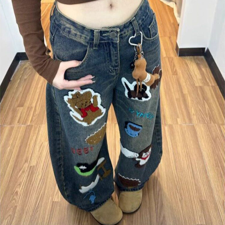 Vintage Cartoon Towel Embroidery Baggy Wide Leg Washed Denim Jeans