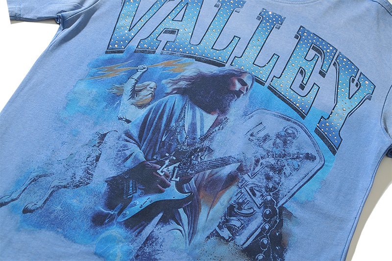 VALE USA Washed Light Blue Rhinestone Graphic T-Shirt