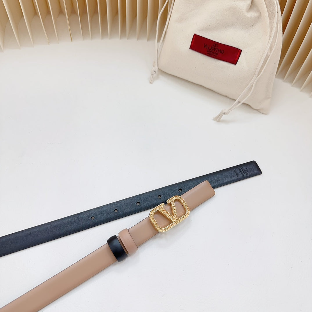 VALENTINO Vlogo Buckle Water Wave Gold Copper Glossy Beige Black Leather 20mm Belt