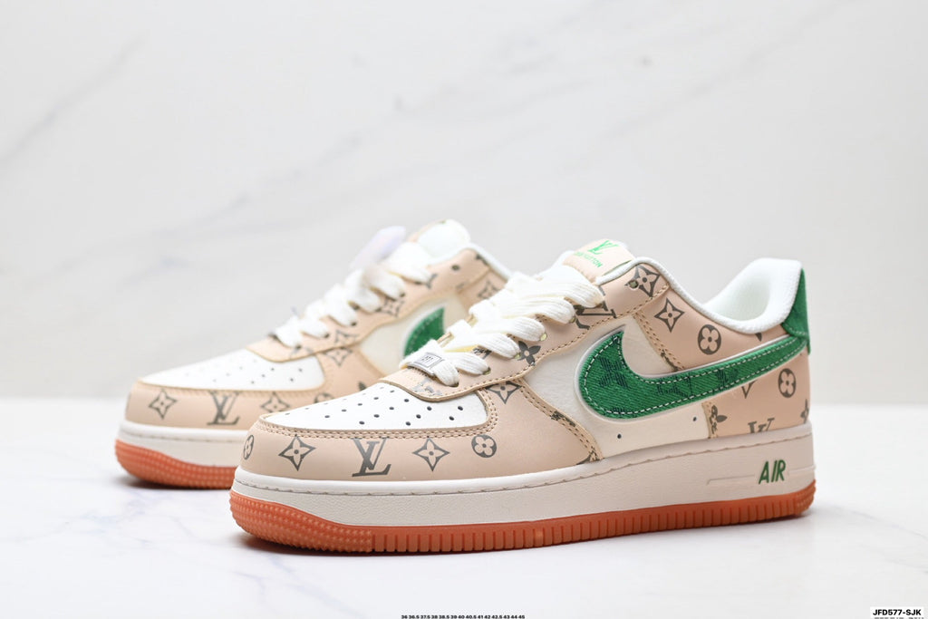 Nike Air Force 1 Low Beige Green Monogram Print Unisex Sneakers Style 12
