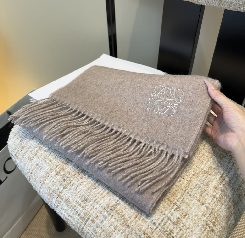 Loewe Taupe Gray and Light Beige Fringed Scarf