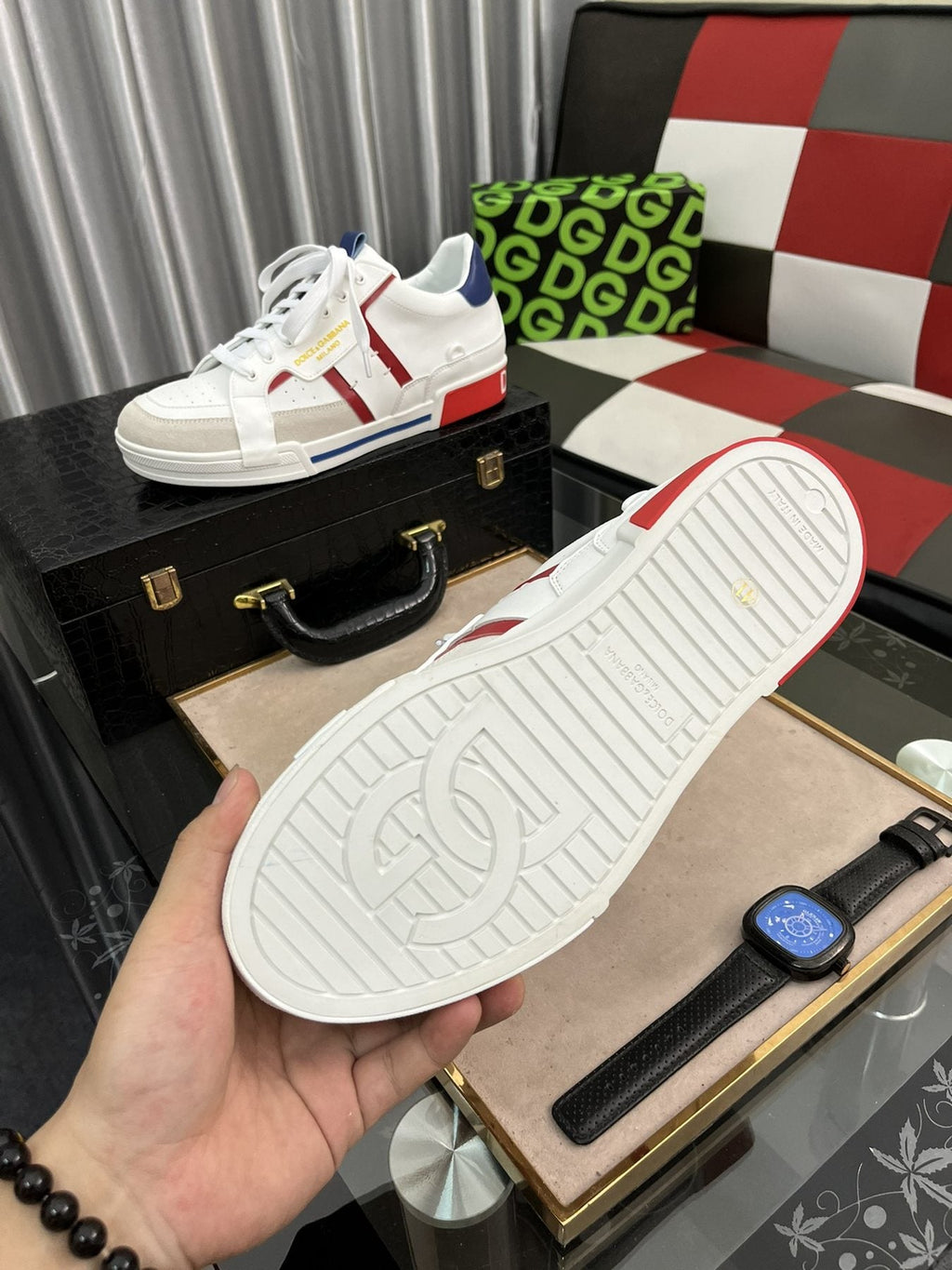 Men's White Low-Top Sneakers with Red and Navy Accents