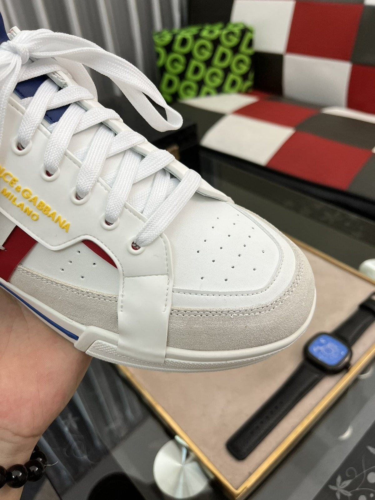 Men's White Low-Top Sneakers with Red and Navy Accents