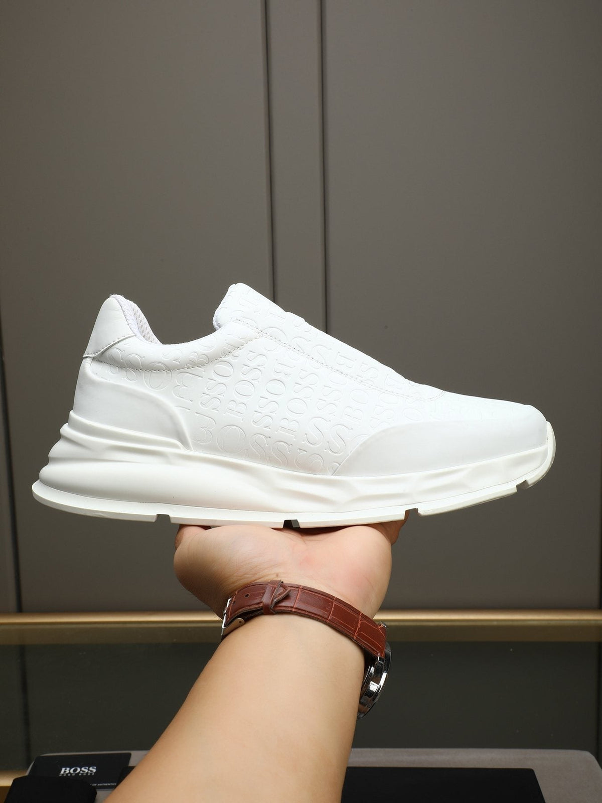 BOSS White Embossed Low-Top Sneakers