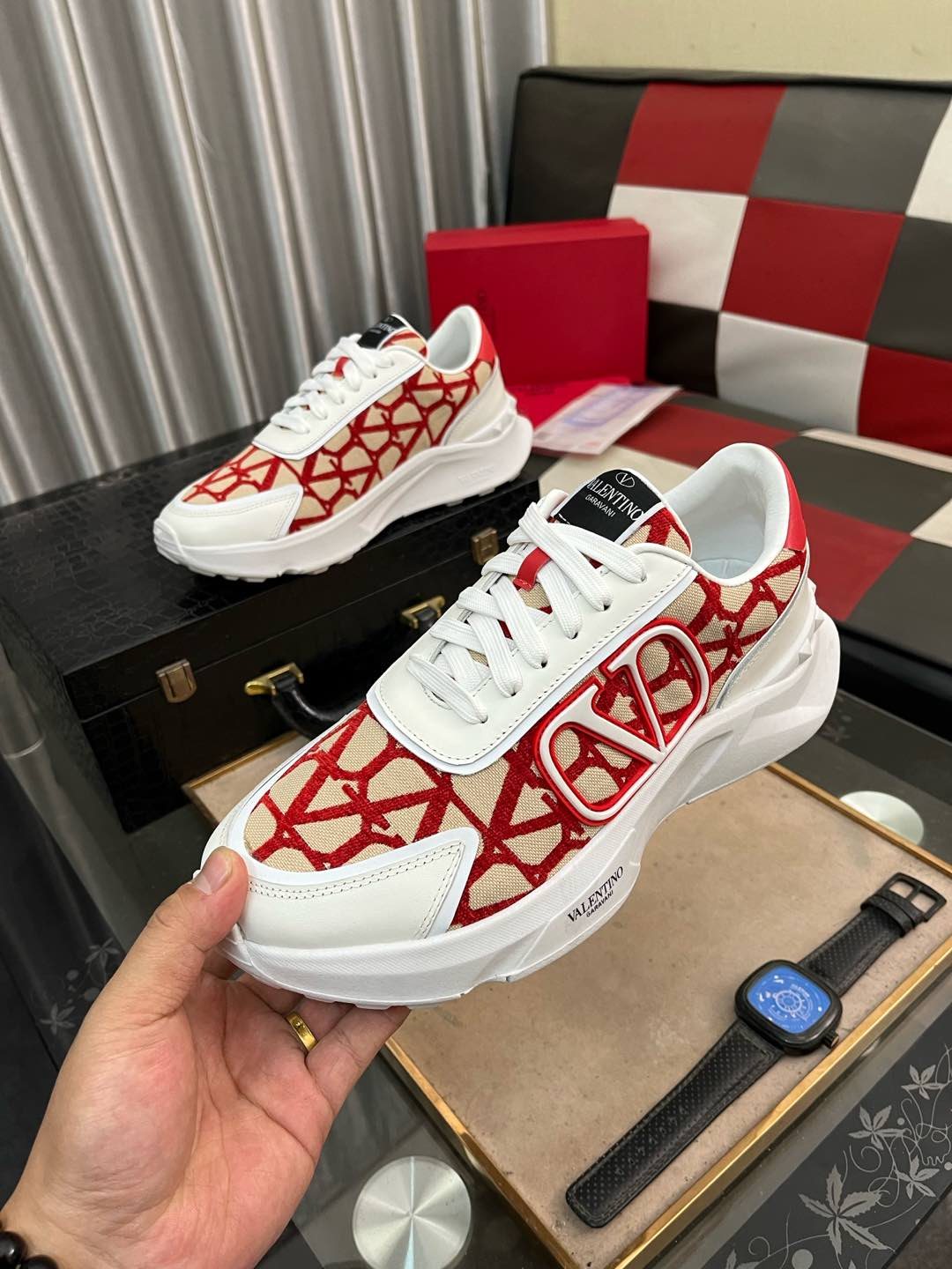 Valentino White and Red Patterned Sneakers