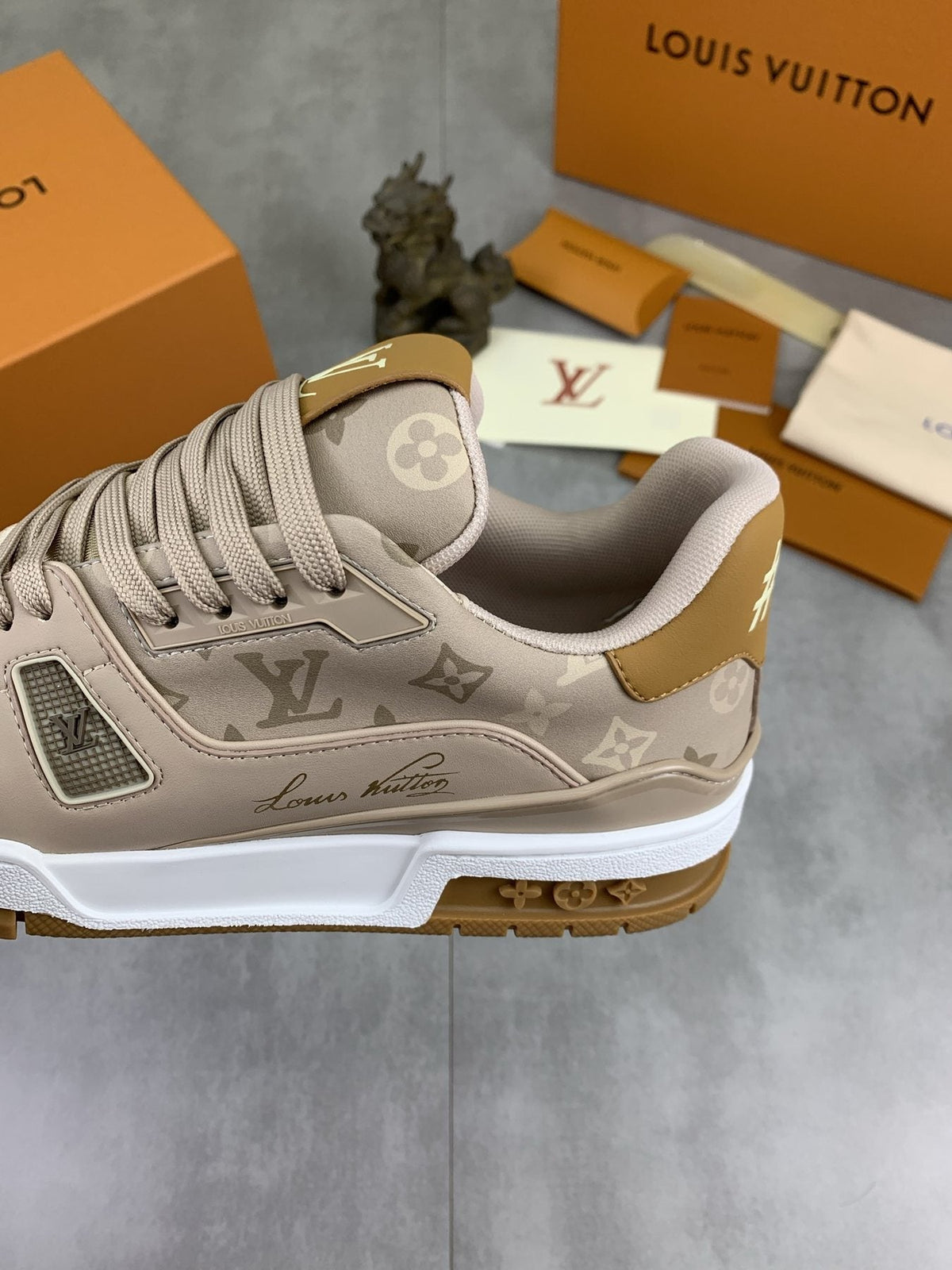 Louis Vuitton Beige, White & Gold Low-Top Sneakers