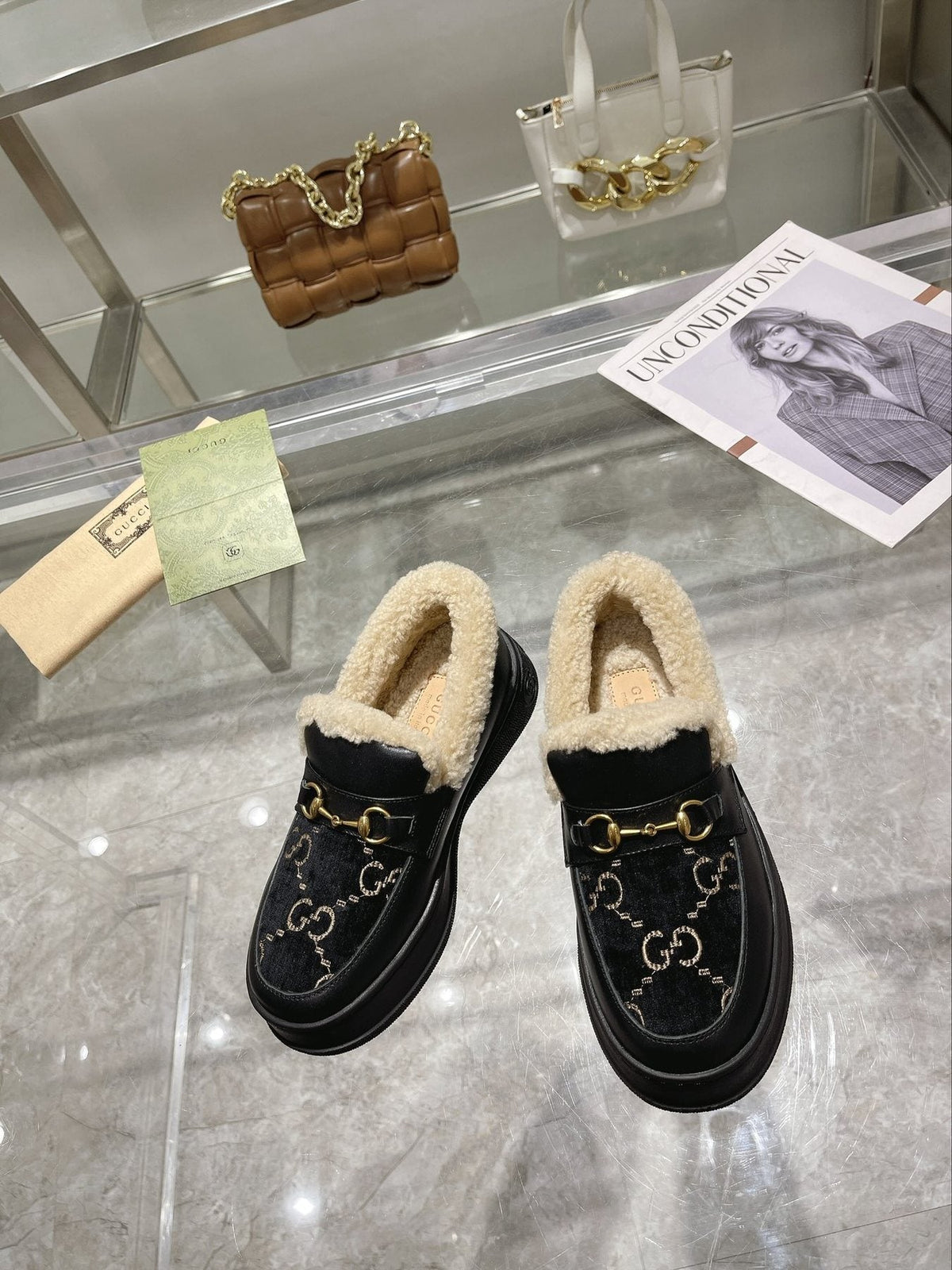 Gucci Patterned Plush-Lined Platform Slip-On Shoes