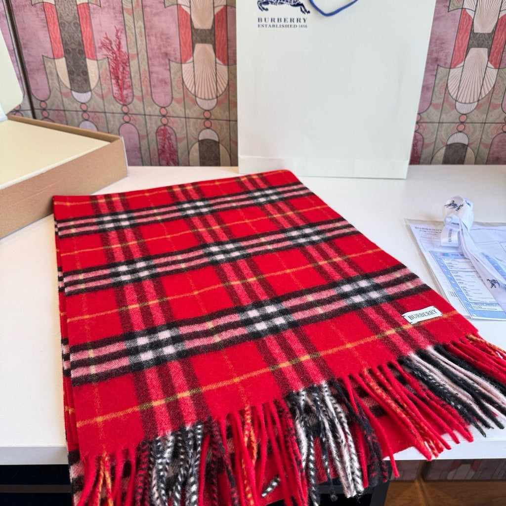 Burberry Red Plaid Fringed Scarf
