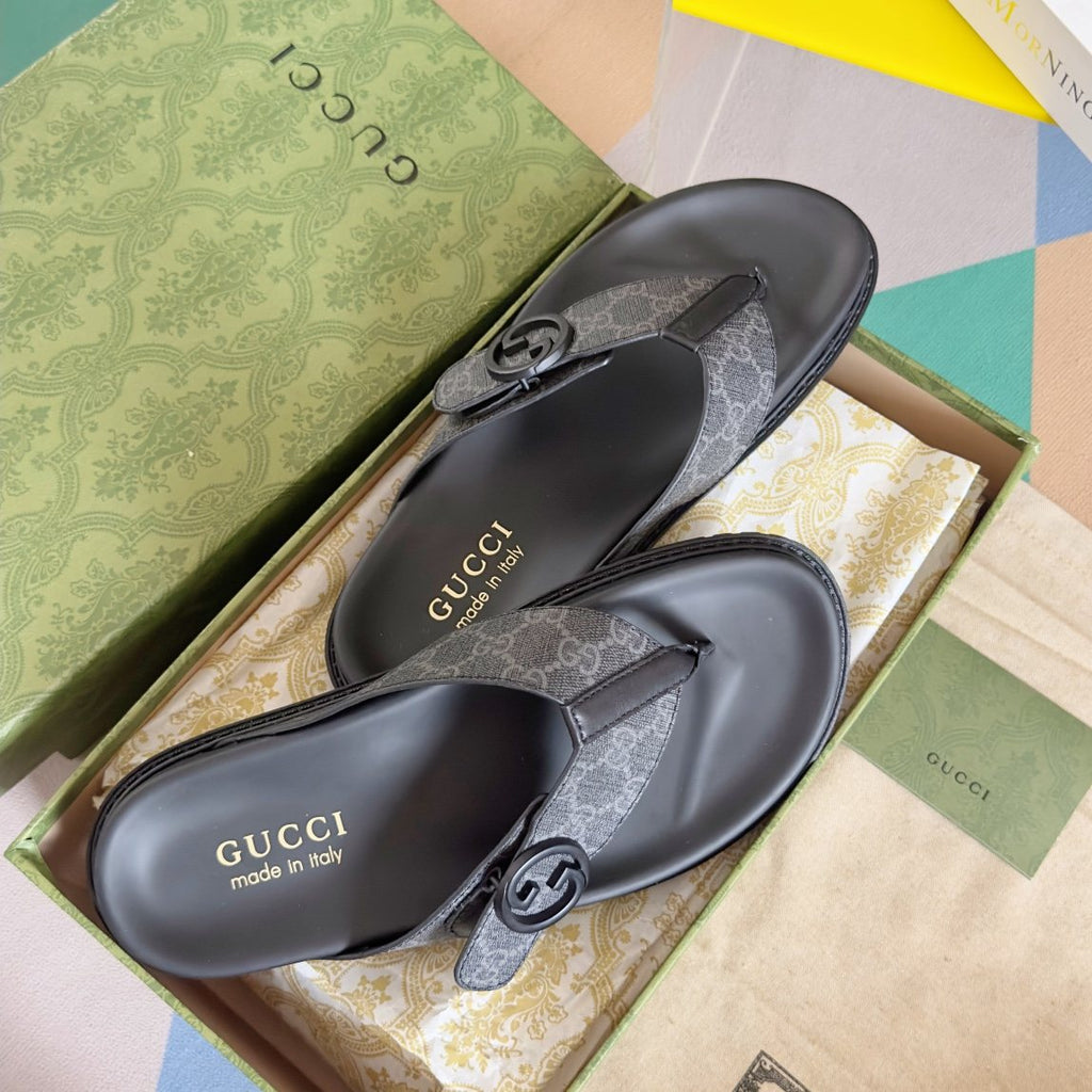 Gucci Black and Gray Monogram Toe-Post Sandals