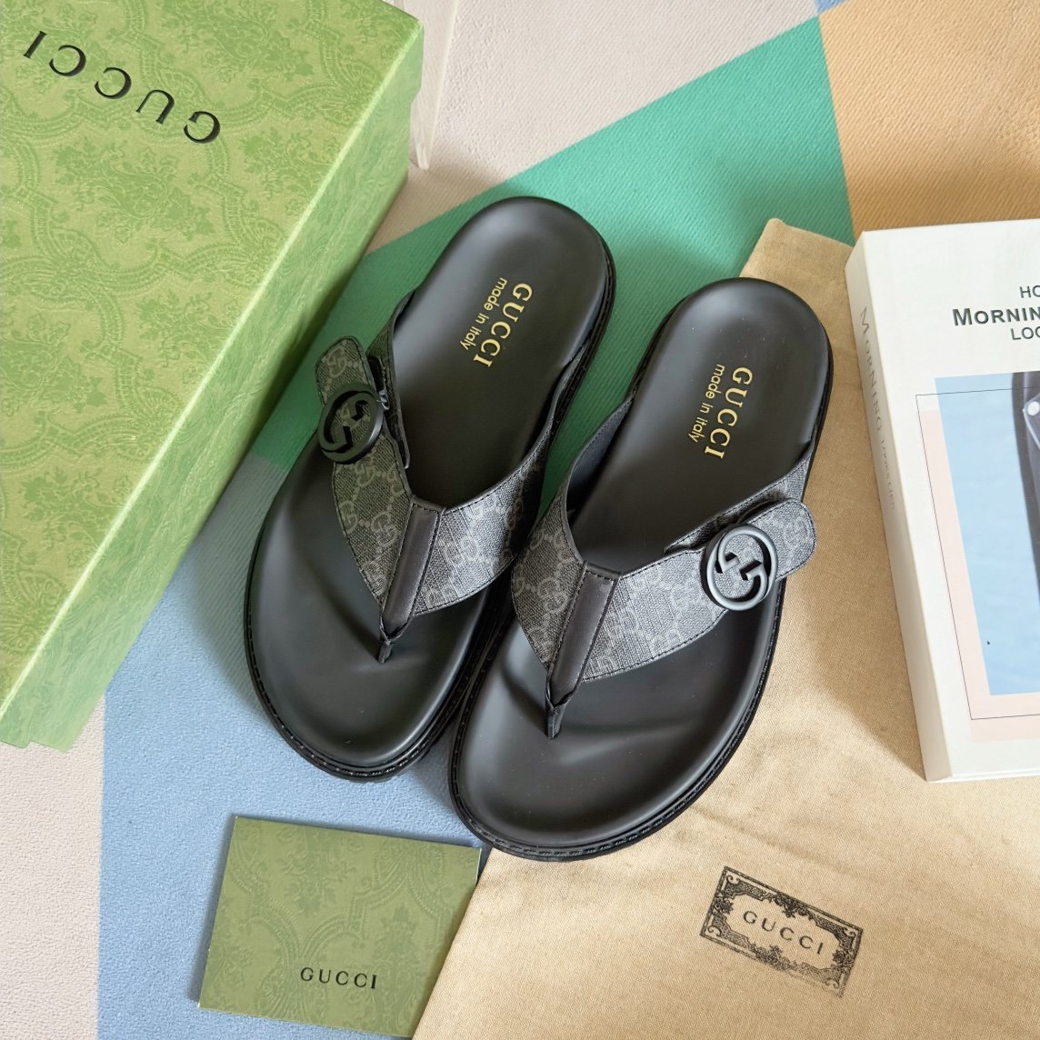 Gucci Black and Gray Monogram Toe-Post Sandals