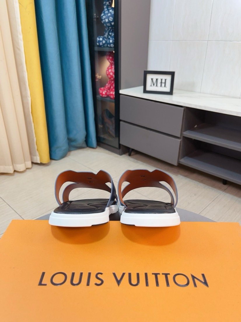 Louis Vuitton Men's Embossed Strap Slide Sandals - Layered Contrast Sole